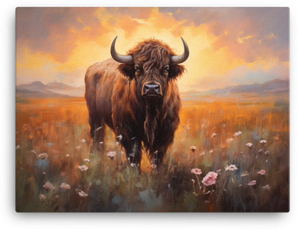 Sunset Prairie Bison in Wildflowers Canvas Wall Art