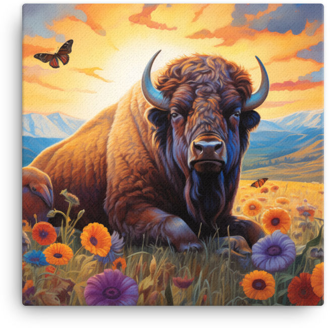 Sunset Serenity Bison and Wildflowers Canvas Wall Art
