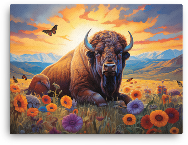 Sunset Serenity Bison and Wildflowers Canvas Wall Art